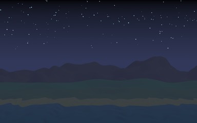 Fototapeta premium Starry moonless sky. Ocean shore line with waves on a beach. Island beach paradise with waves. Vacation, summer, relaxation. Seascape, seashore. Minimalist landscape, primitivism. 3D illustration