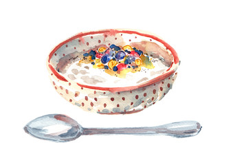 A bowl of oatmeal porridge and a spoon painted in watercolor on clean white background