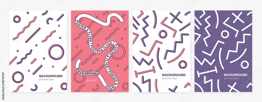 Poster Collection of vertical backgrounds or backdrops with abstract geometric shapes, curved and zigzag lines. Set of poster, flyer or card templates. Colorful vector illustration in trendy style.