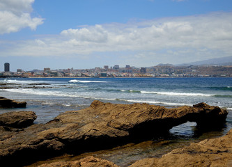 Coast of Las Palmas de Gran Canaria with blue sky and clouds, Canary Islands, Spain