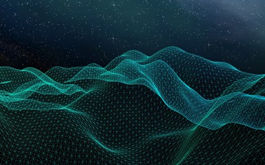 Star horizon. Abstract landscape on a dark background. Cyberspace grid. Hi-tech network. Outer space. Starry outer space texture. 3D illustration