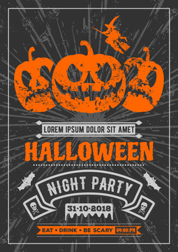 Halloween party poster with scary pumpkins. Vector illustration.
