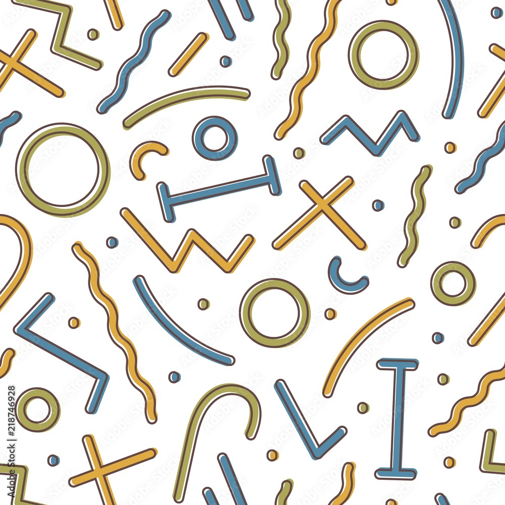 Poster creative geometric seamless pattern with colorful figures and lines on white background. trendy vect