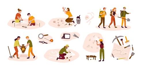 Collection of male and female archaeologists excavating historical artifacts from archaeological site, examining cave paintings, digging ground. Colorful vector illustration in flat cartoon style.