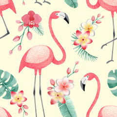 Fototapeta premium Watercolor illustrations of flamingos, tropical flowers and leaves. Seamless tropical pattern