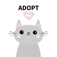 Adopt me. Dont buy. Gray cat silhouette. Pink heart. Pet adoption. Kawaii animal. Cute cartoon kitty character. Funny baby kitten. Help homeless animal Flat design. White background