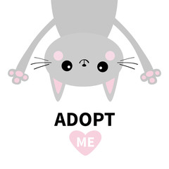 Adopt me. Dont buy. Gray cat. Hanging upsidedown. Pink heart. Pet adoption. Kawaii animal. Cute cartoon kitty character. Funny baby kitten. Help homeless animal Flat design. White background