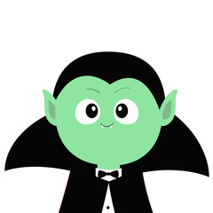 Count Dracula wearing black cape. Cute cartoon funny spooky vampire baby character. Green face with fangs. Greeting card. Happy Halloween. Flat design. White background. Isolated.