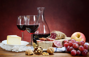 Salami, cheese, grapes and red wine