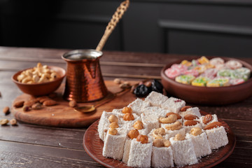 Turkish delight on a wooden table.