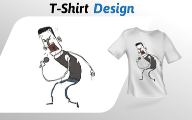 Funny cartoon rock singer with mic, flat t-shirt print. Colorful mock up t-shirt design template. Vector template, isolated on white background.