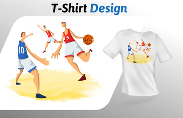 Basketball players in the game, t-shirt print. Colorful mock up t-shirt design template. Vector template, isolated on white background.