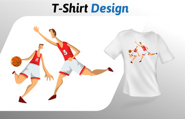 Basketball players in the game, t-shirt print. Colorful mock up t-shirt design template. Vector template, isolated on white background.