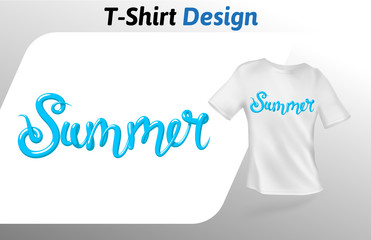 Blue summer word, t-shirt print. Colorful mock up t-shirt design template. Vector template, isolated on white background.