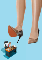 The conceptual collage about lady boss and small man under big female heel. The concept of...