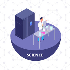 Fototapeta na wymiar Science 3d isometric research lab with laboratory equipment and scientist vector illustration