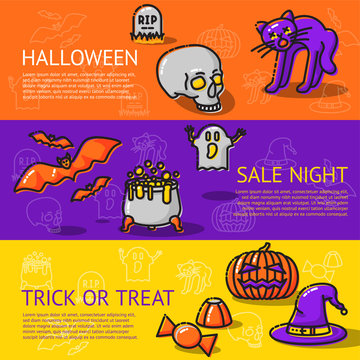 Set of linear Halloween banners - with cat, bats, skull, cemetery, tombstone, cauldron, ghost, witch hat, pumpkin, candies. Vector