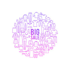 Fashion and shopping concept with clothes thin line vector icons. Big sale colorful banner design