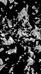 Flying dollars banknotes isolated on dark background. Money is flying in the air. 100 US banknotes new sample. Black and white style. 3D illustration