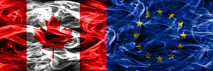 Canada vs European Union smoke flags placed side by side. Canadian and European Union flag together