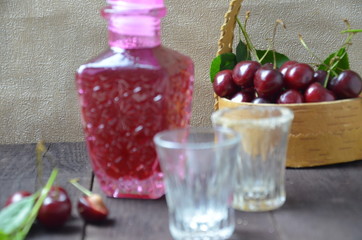 Cherry Drink Mulled Wine, horizontal, selective focus. cherry alcohol tincture. liquor