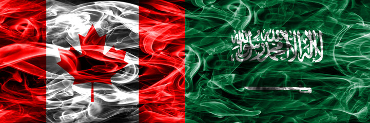 Canada vs Saudi Arabia smoke flags placed side by side. Canadian and Saudi Arabia flag together