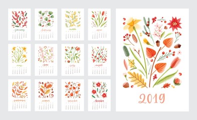 Calendar for 2019 year. Set of page templates with months decorated with beautiful flowers and seasonal plants on white background. Colorful decorative floral vector illustration in modern style.