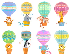 Fototapete Tiere im Heißluftballon Sammlung mit bunten Heißluftballons und Tieren. Set mit Kinderfliegentransport. Vektorillustration auf weißem Hintergrund.