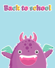 Cute banner with a little purple monster and colorful text back to school. Vector illustration.