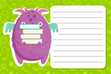 Colorful back to school template with a cute little purple monster with a books. Vector illustration.