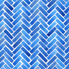 Watercolor herringbone motif in blue. Hand painted geometric seamless pattern - 218751126