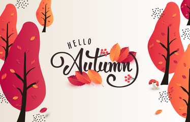 Autumn calligraphy background layout decorate with leaves for shopping or promo poster and frame leaflet or web banner.Vector illustration template.