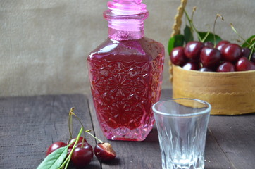 Cherry Drink Mulled Wine, horizontal, selective focus. cherry alcohol tincture. liquor