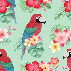 Watercolor illustrations of parrots, tropical flowers and leaves. Seamless tropical pattern