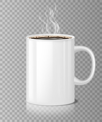 Coffee or tea cup mockup with white steam isolated. Black coffee in ceramic cup, morning blank Realistic mug. Vector illustration