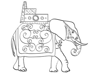 isolated object coloring, black lines, white background, Elephant in India, a sacred animal, decorations for a holiday. Vector