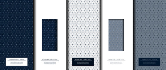 Symmetric collection abstract pattern hexagonal geometic navy blue background card template vector