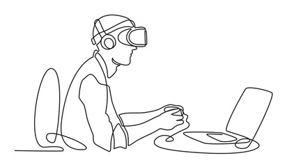 Continuous one line drawing Man in glasses device virtual reality working behind computer, VR Headset Icon vector simple outline illustration