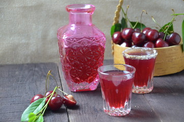 Cherry Drink Mulled Wine, horizontal, selective focus. cherry alcohol tincture. liquor