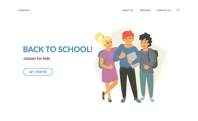 Back to school classes for creative kids. Flat vector illustration for website and landing page design of three children with thumbs up, laptops and backpacks standing together ready for schooling