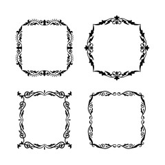 Hand drawn divider and corner set vintage style. Traced by hand from own sketch. Collection black floral decorative element