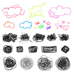 Hand drawn simple chaotic symbols on white. Doodles for design. Line art. Abstract geometric shapes. Infographic elements on isolated background. Set of different signs. Tangled backdrops