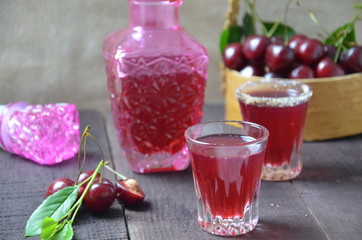 Cherry Drink Mulled Wine, horizontal, selective focus. cherry alcohol tincture. liquor