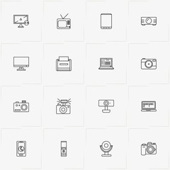 Gadgets line icon set with printer, television and projector