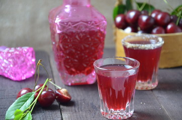 Cherry Drink Mulled Wine, horizontal, selective focus. cherry alcohol tincture. liquor
