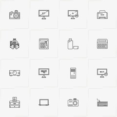 Gadgets line icon set with printer, computer keyboard and calculator