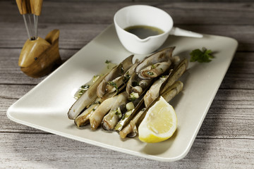 razor clam on wood