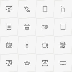 Gadgets line icon set with calculator, smart phone and photo camera