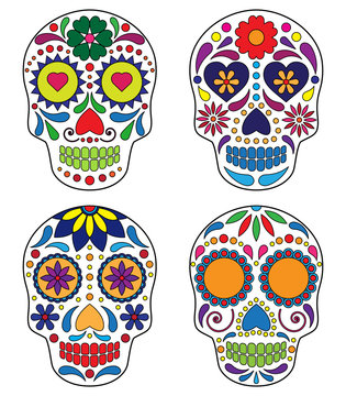 vector collection of mexican sugar skulls on white background