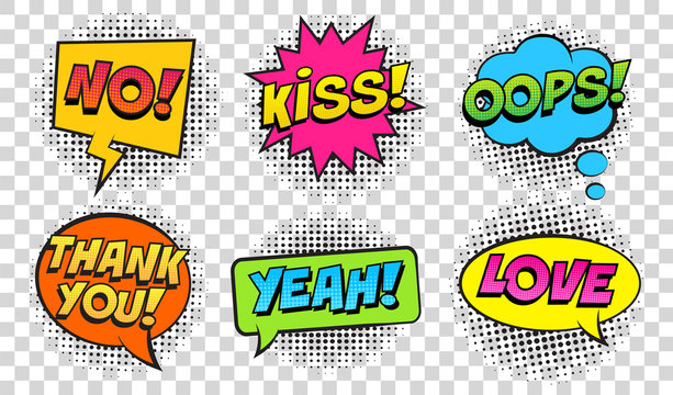 Retro comic speech bubbles set on transparent background. Expression text NO, KISS, OOPS, YEAH, LOVE, THANK YOU. Vector illustration, vintage design, pop art style.